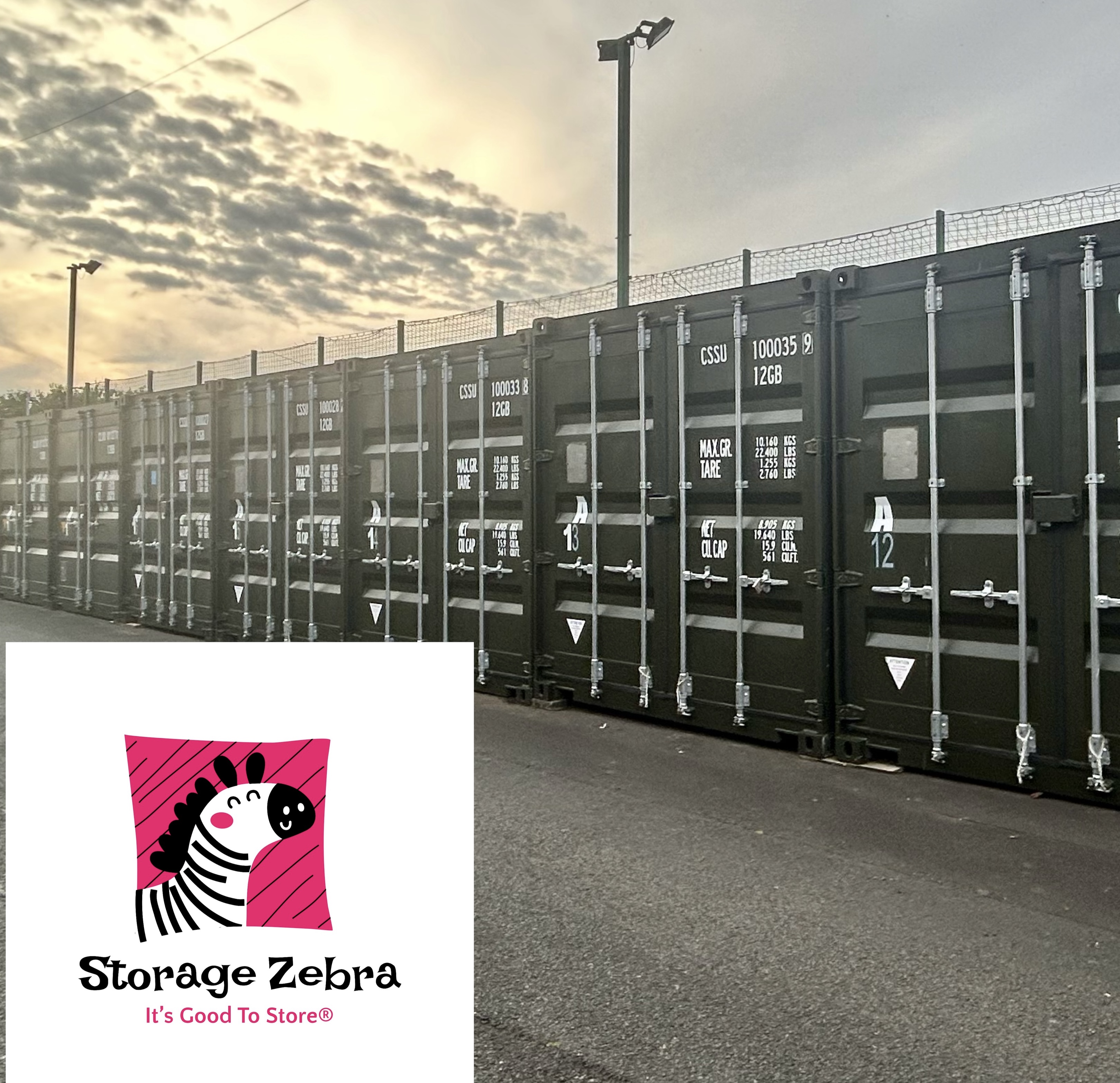row of shipping containers with storage zebra logo