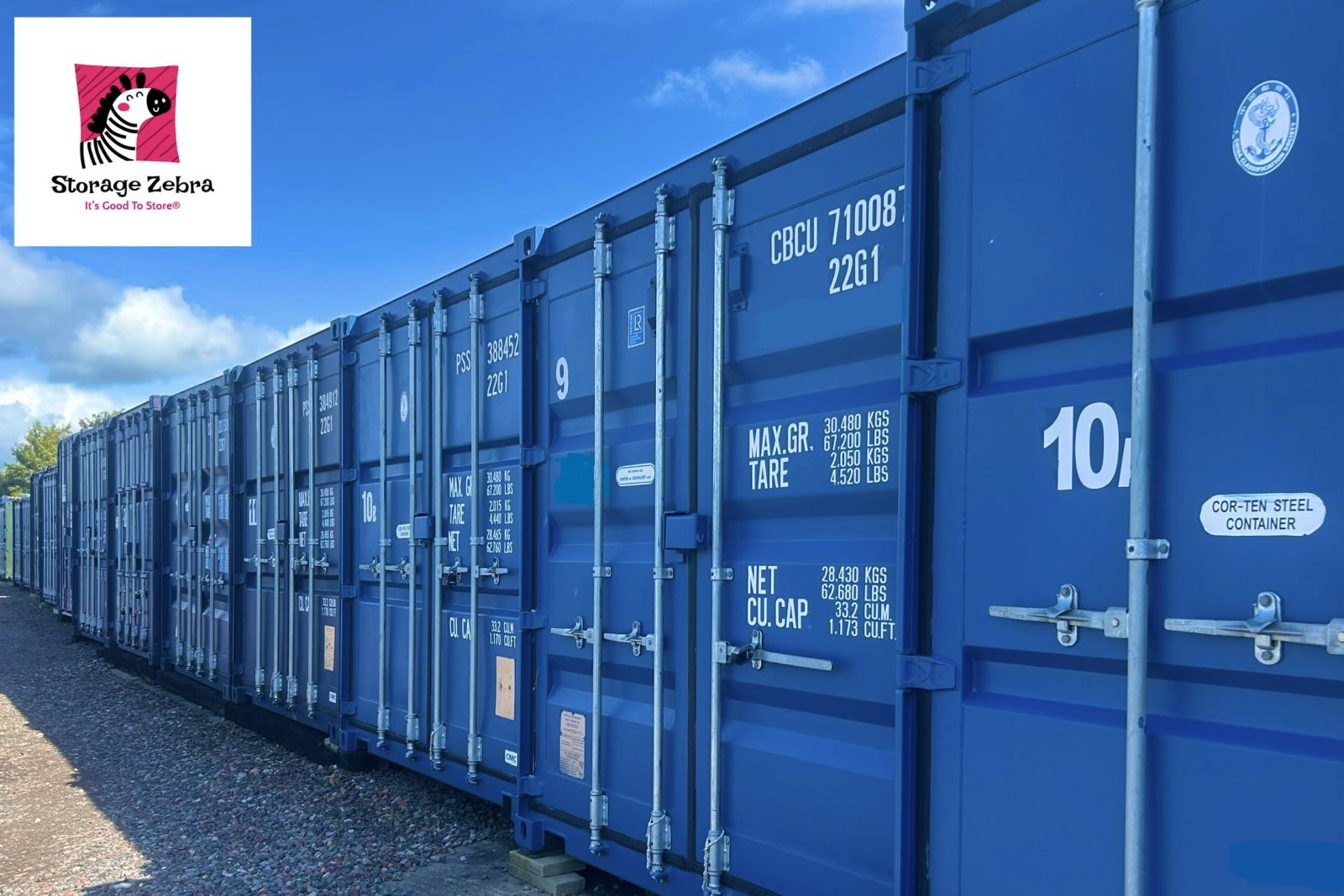 Row of blue shipping containers for self storage with Storage Zebra logo